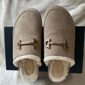 Cole Haan Beige Suede Mules with Gold Accents